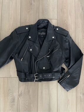 Wilson Black Cropped Moto Leather Jacket with Belt